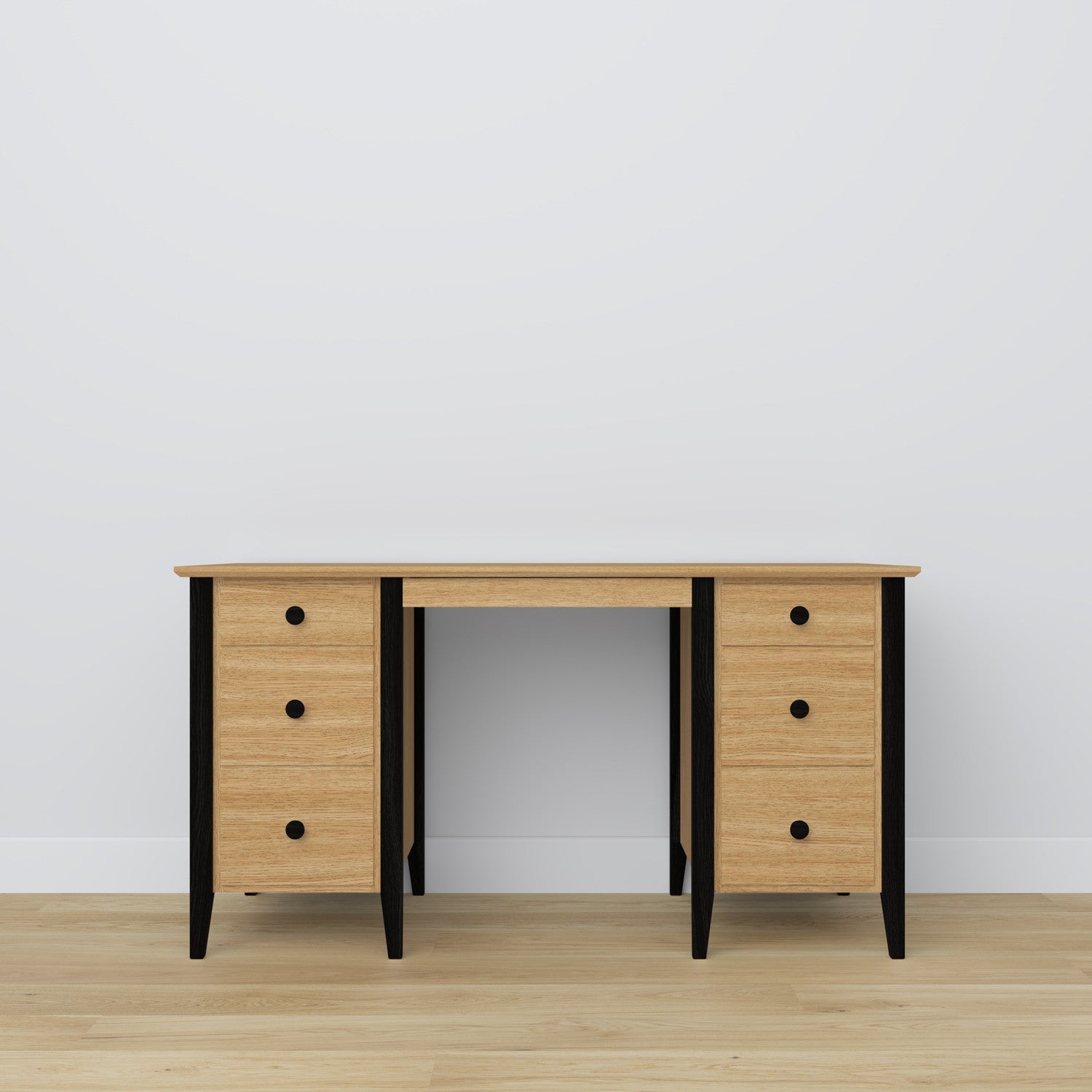Bureau 6S chêne naturel avec noir en chêne – vue de côté, profondeur du plateau