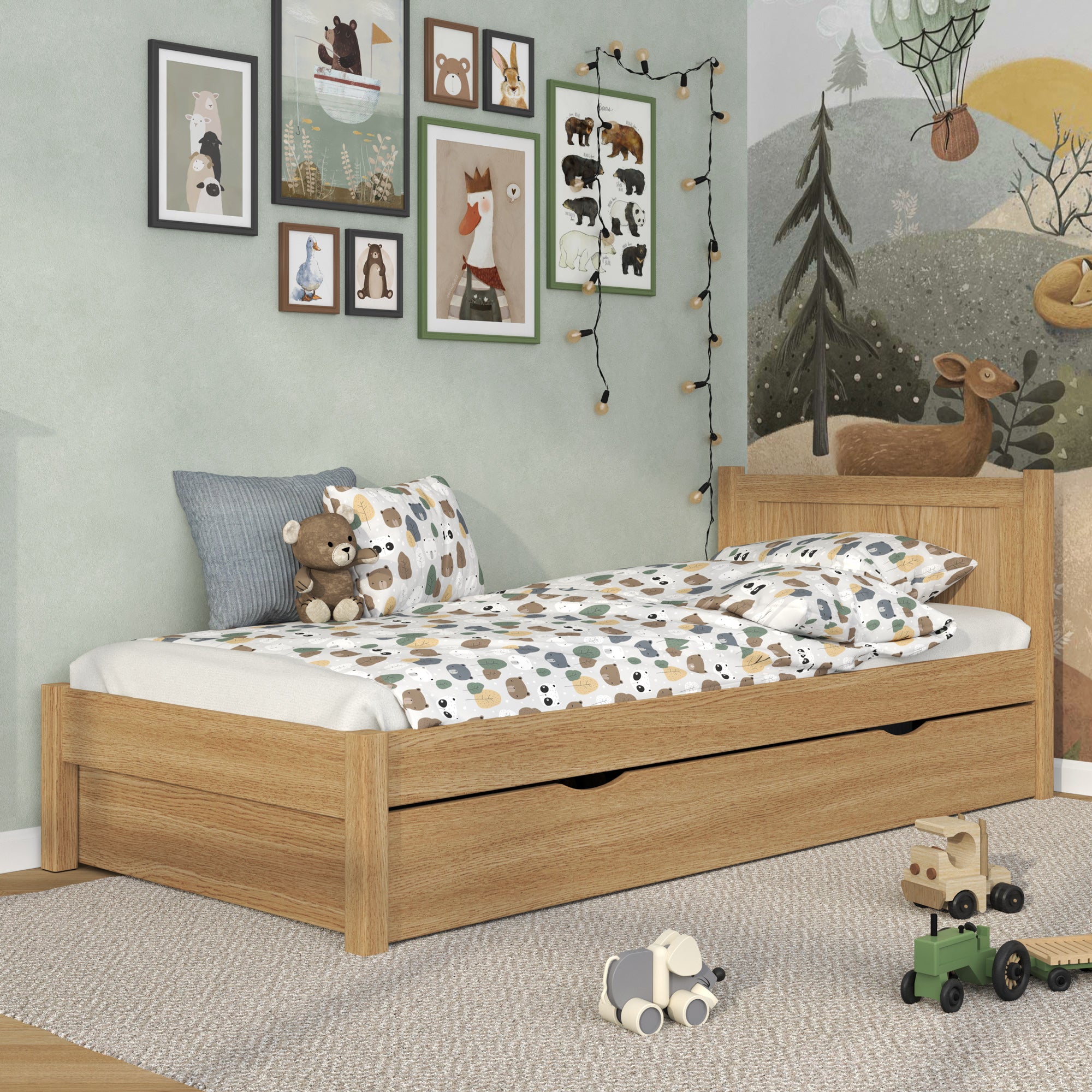 Einzelbett mit Schublade aus Eichenholz Eiche natur – Kinderzimmer, Scandi-Stil