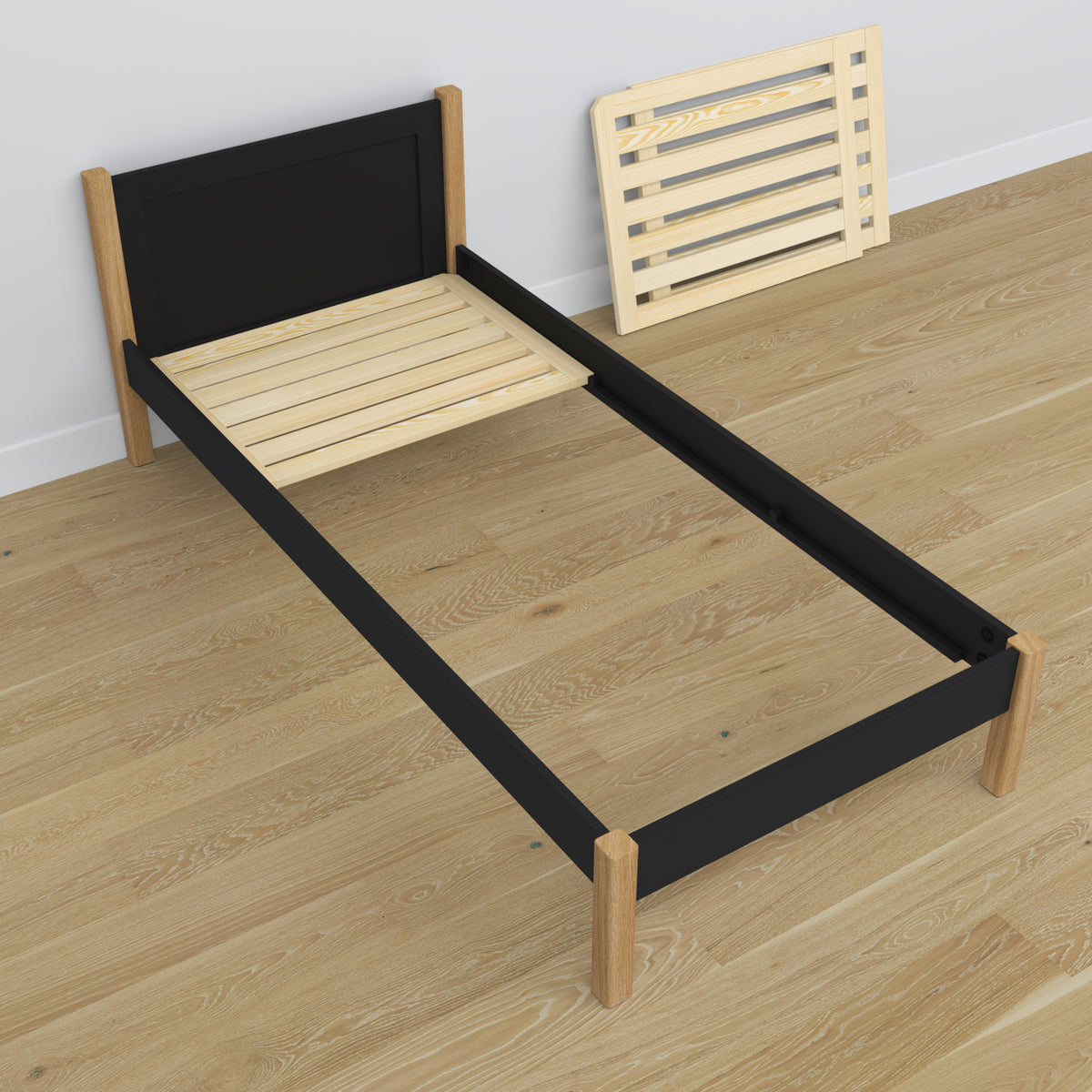 Einzelbett aus Holz schwarz-eiche – Schrägansicht, Scandi-Kinderzimmer