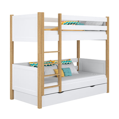White and Oak Wooden Bunk Bed with Drawer – Children’s Room, Solid Wood, Scandi