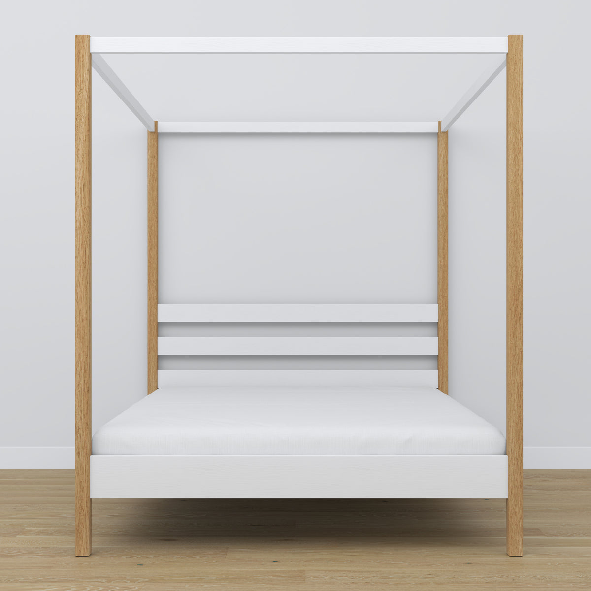 Wooden double bed with canopy white and oak – headboard and frame, close-up