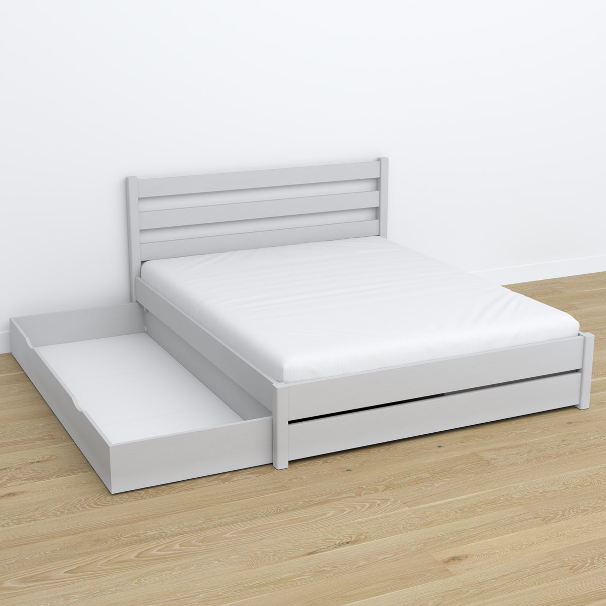Doppelbett mit Schublade aus Holz grau – geöffnete Schublade, geräumiges Inneres