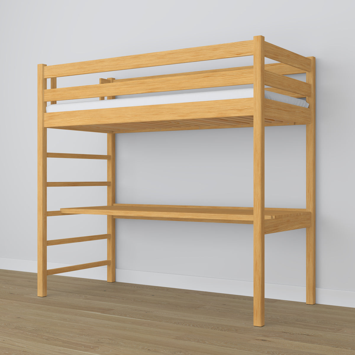 Hochbett aus Holz Kiefer natur mit Schreibtisch – Rahmen und Slats, Nizio