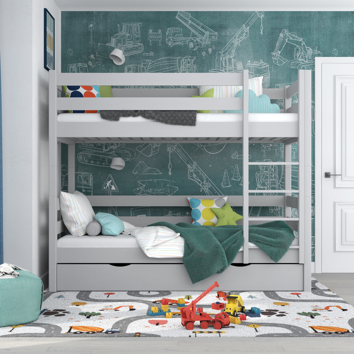 Lit superposé gris z tiroir – barrière i échelle en bois, Nizio