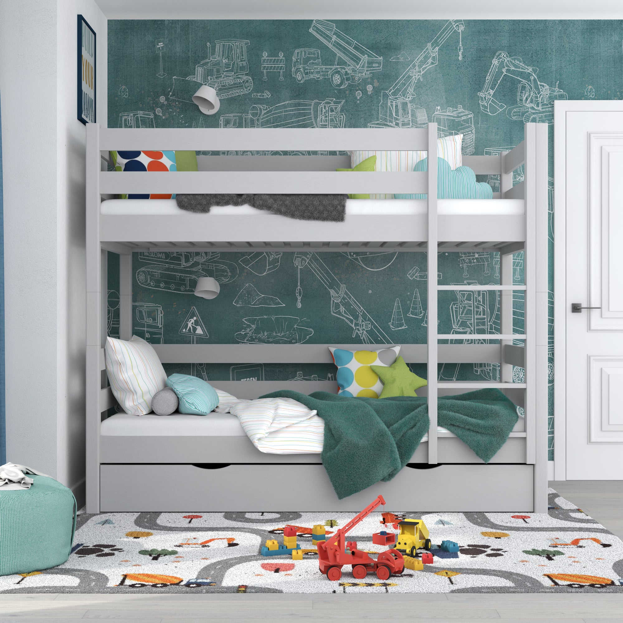 Lit superposé gris z tiroir – barrière i échelle en bois, Nizio