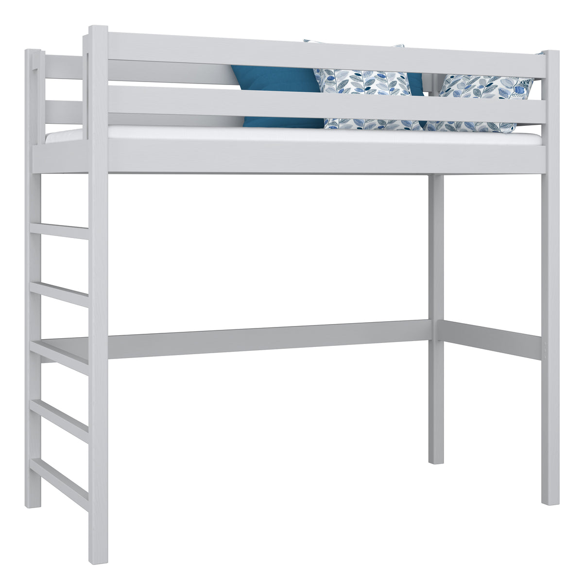 Hochbett Grau – Leiter und Absturzsicherung aus Holz, Nizio Home