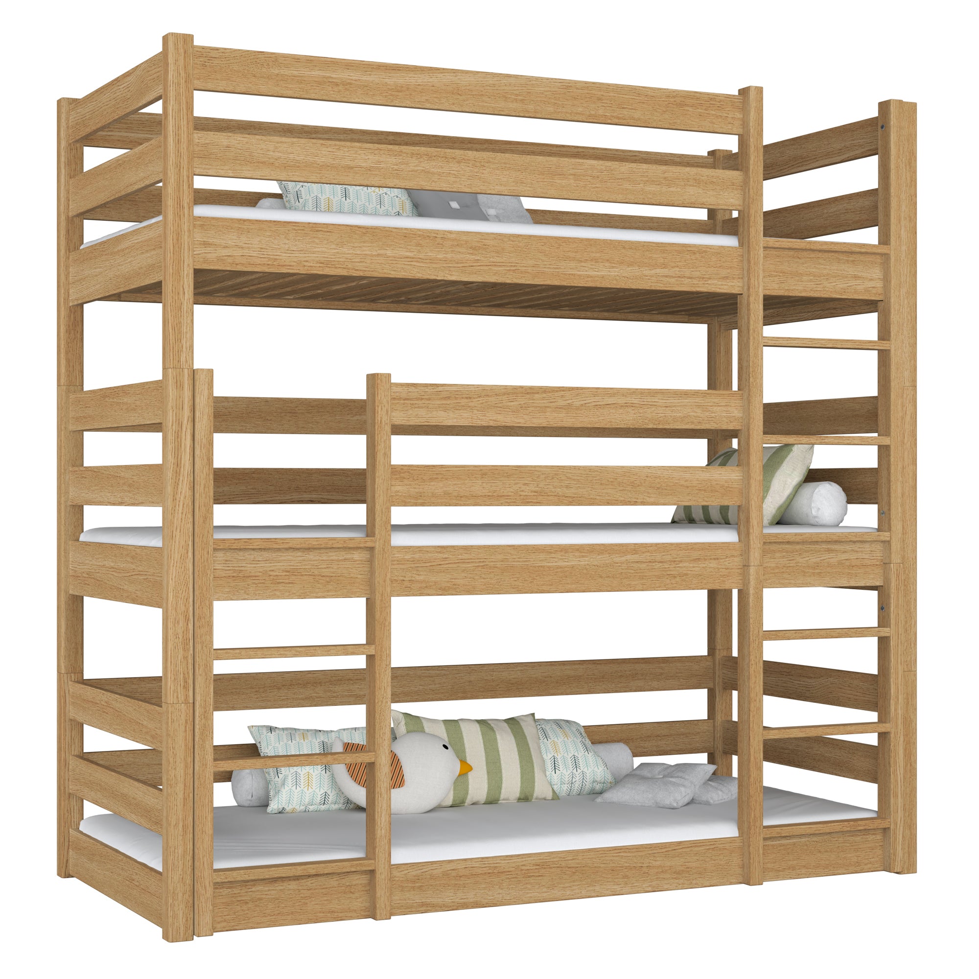 Lit superposé 3 niveaux en bois chêne naturel – trois couchages, chambre d'enfant scandinave