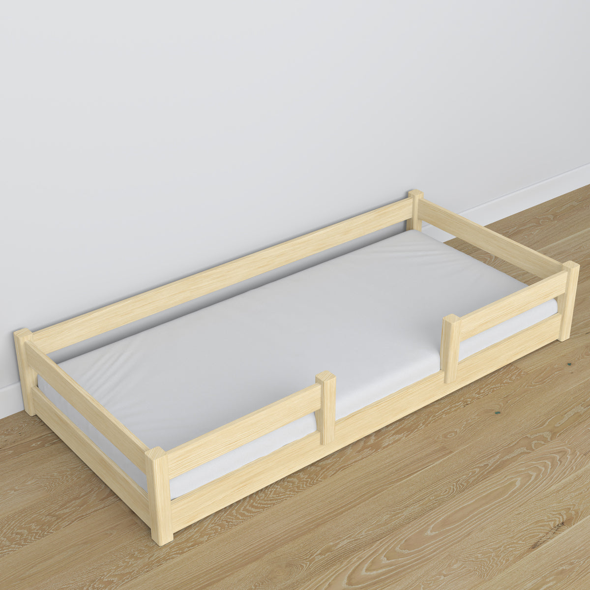 Lit bas en bois pin incolore – niska rama, vue de côté, chambre scandinave