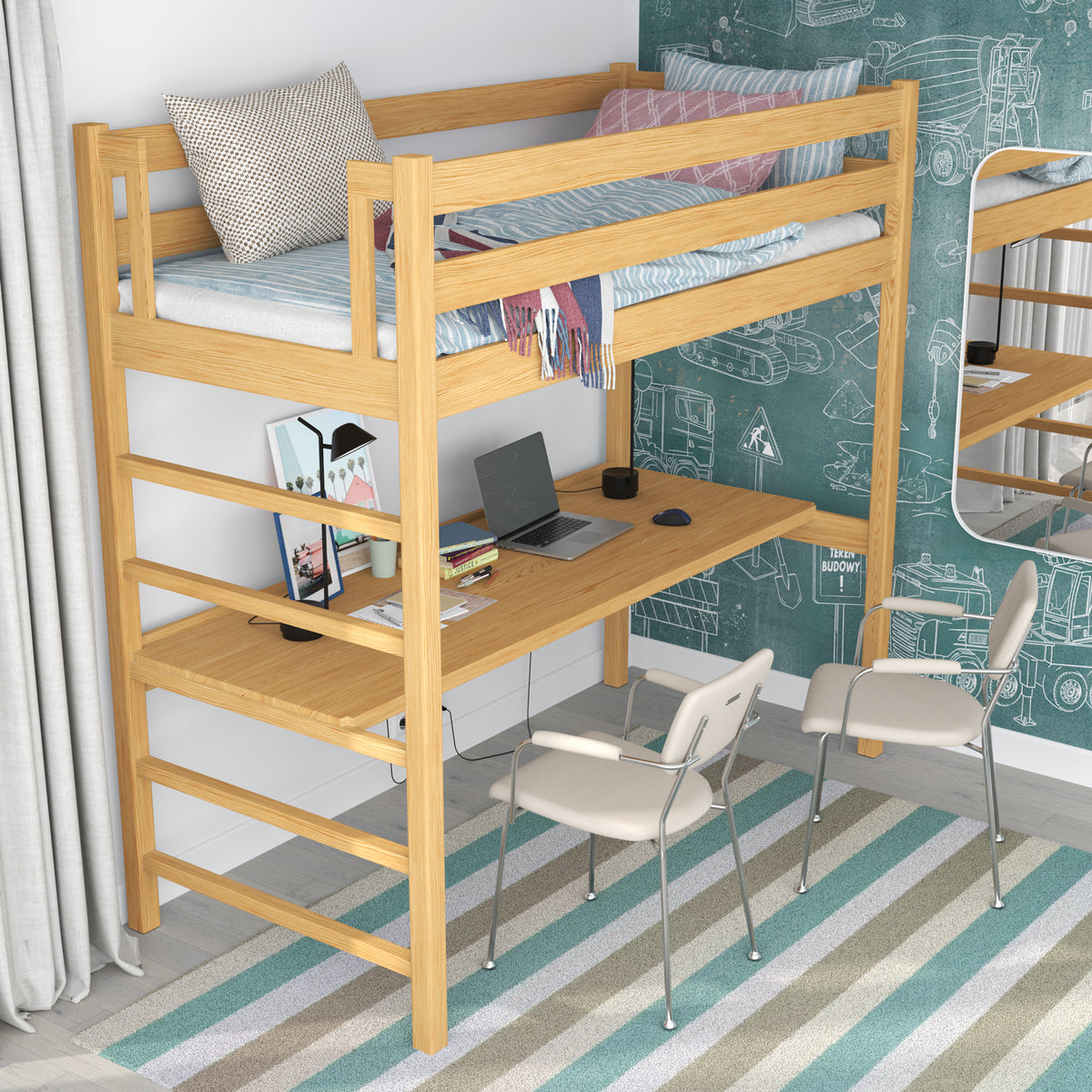 Hochbett Kiefer Natur – Holzschreibtisch unter dem Schlafbereich, Kinderzimmer Scandi