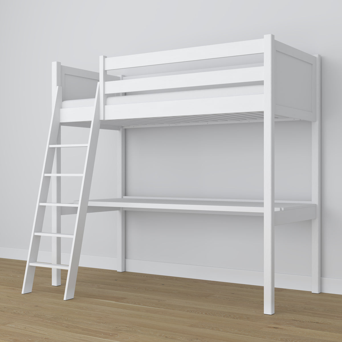 Hochbett mit Schreibtisch aus Holz weiß – Leiter und Schutzgeländer