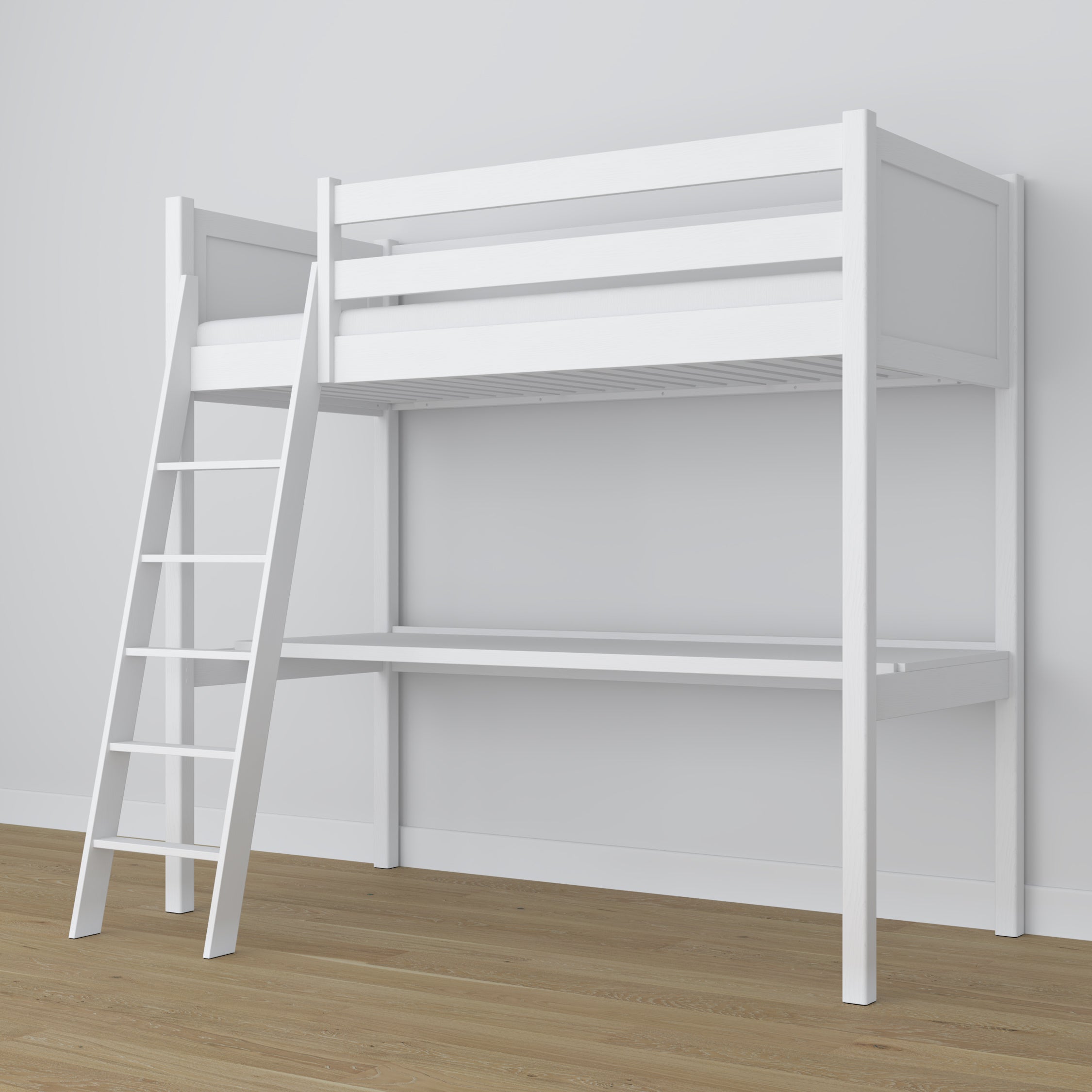 Hochbett mit Schreibtisch aus Holz weiß – Leiter und Schutzgeländer
