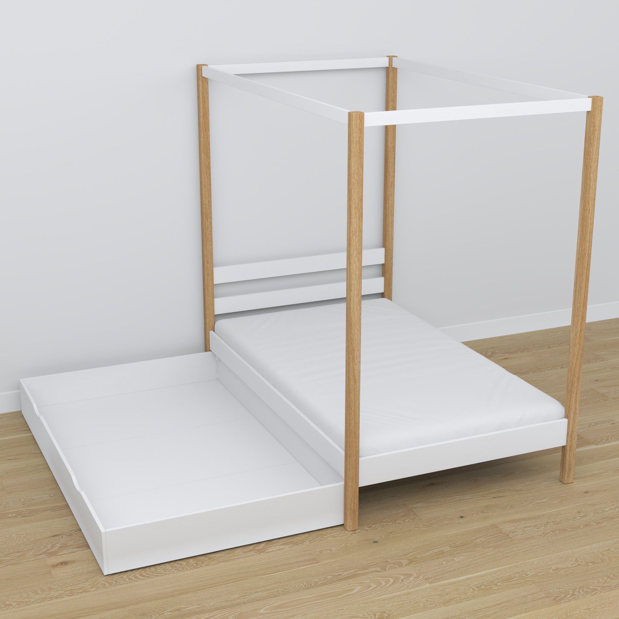 Bed white/oak canopy bed with drawer – side view, wooden