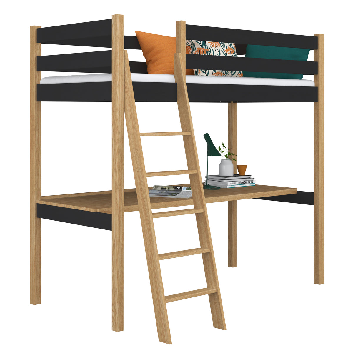 Hochbett mit Schreibtisch aus Holz schwarz-eiche – Kinderzimmer, scandi Nizio