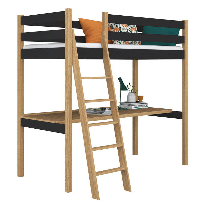 Hochbett mit Schreibtisch aus Holz schwarz-eiche – Kinderzimmer, scandi Nizio