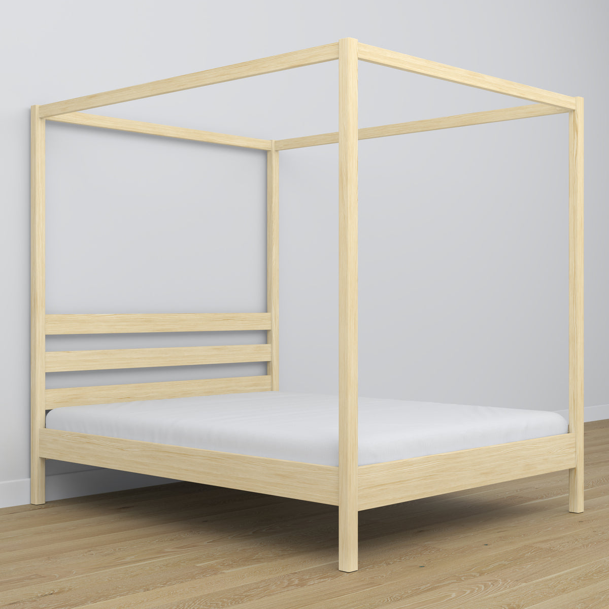 Double bed clear pine with canopy – decorative wooden frame, scandi