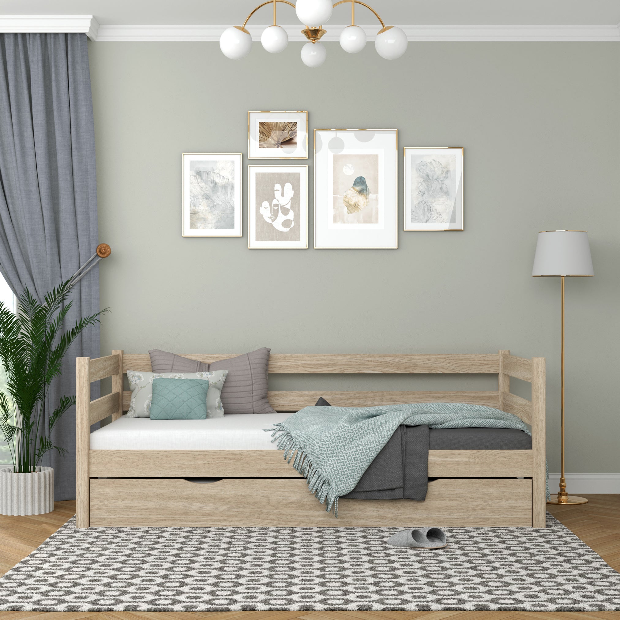 Sofa-Bett Eiche gebleicht mit Schublade für Matratze – Eiche, Nizio Home