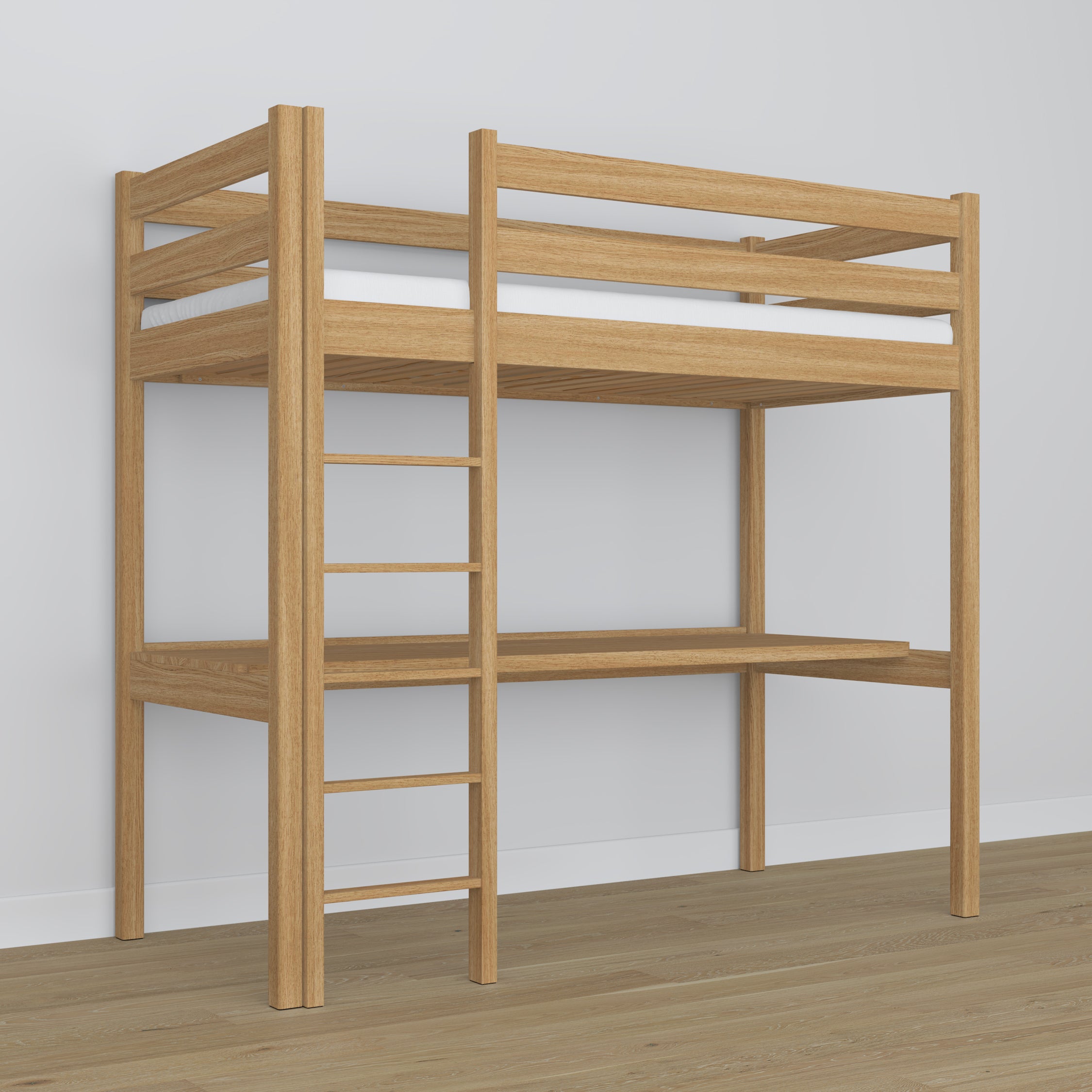 Oak Loft Bed with Desk Natural Oak – Ladder and Safety Rail