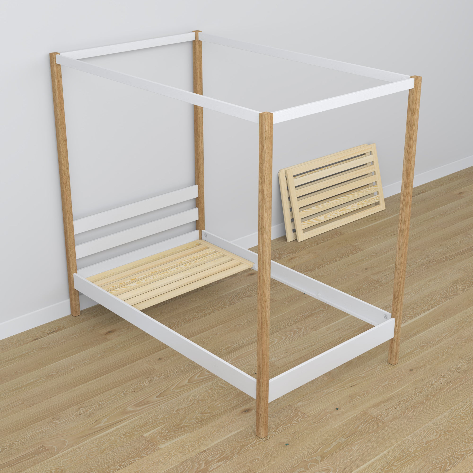 White-oak canopy bed with drawer made of wood – dimensions, Nizio