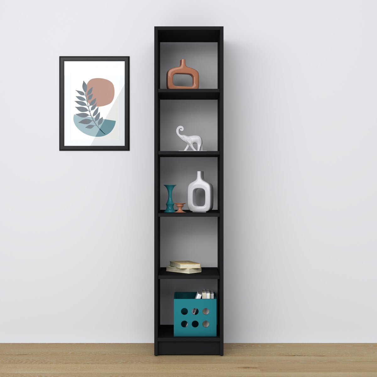 Bookcase black – wooden, front view, all shelves, Nizio