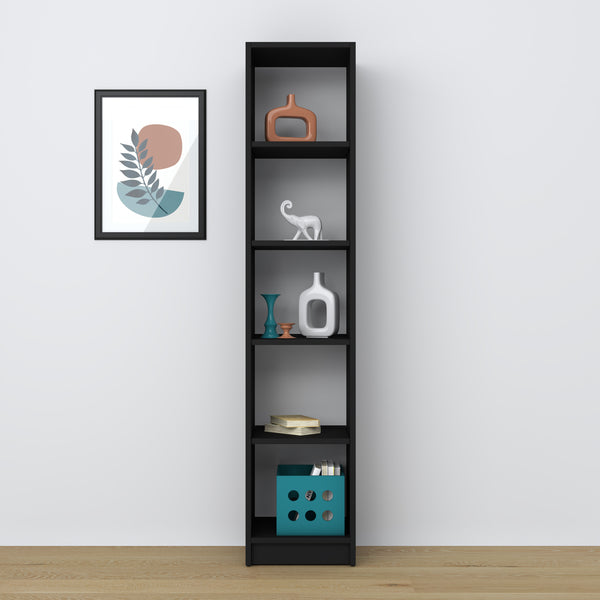 Bookcase black – wooden, front view, all shelves, Nizio