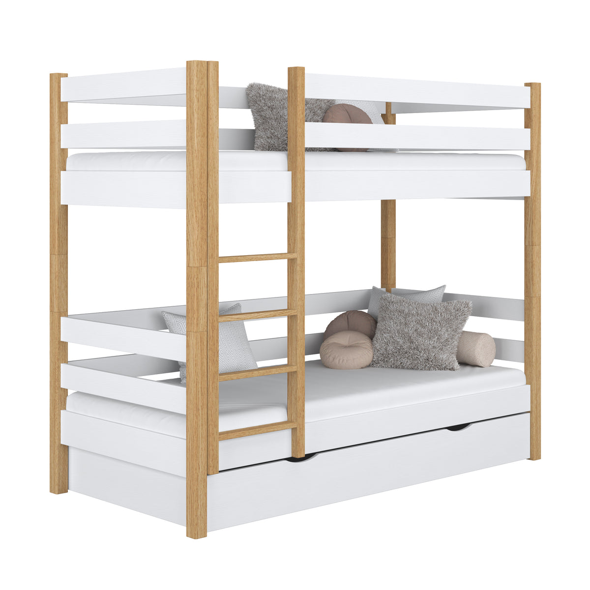 White and Oak Wooden Bunk Bed with Drawer – Children’s Room, Solid Wood, Scandi