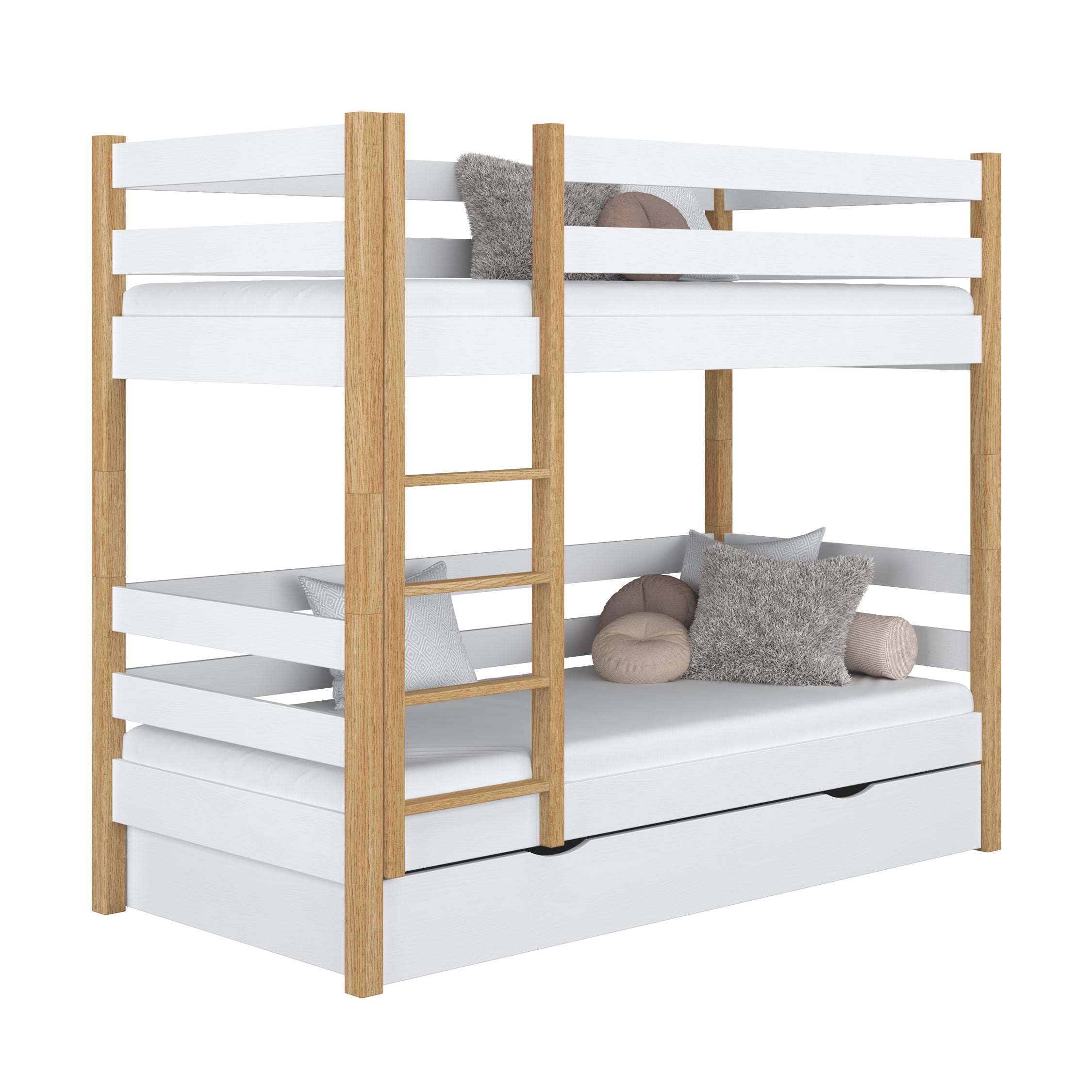 White and Oak Wooden Bunk Bed with Drawer – Children’s Room, Solid Wood, Scandi