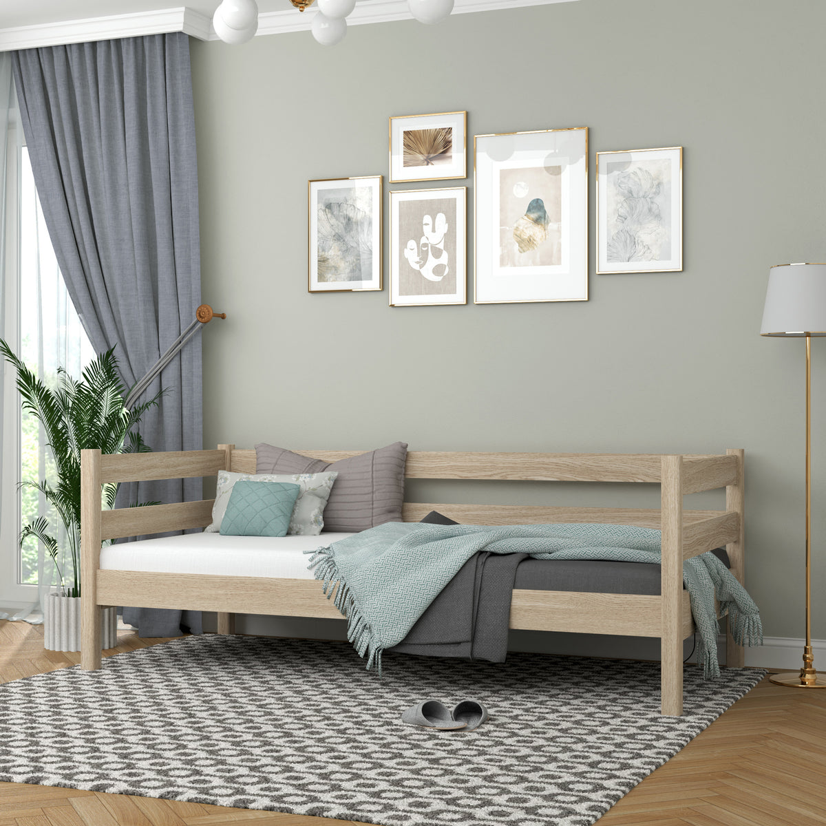 Sofa-Bett Eiche gebleicht – Seitenansicht, Form und Proportionen des Möbelstücks