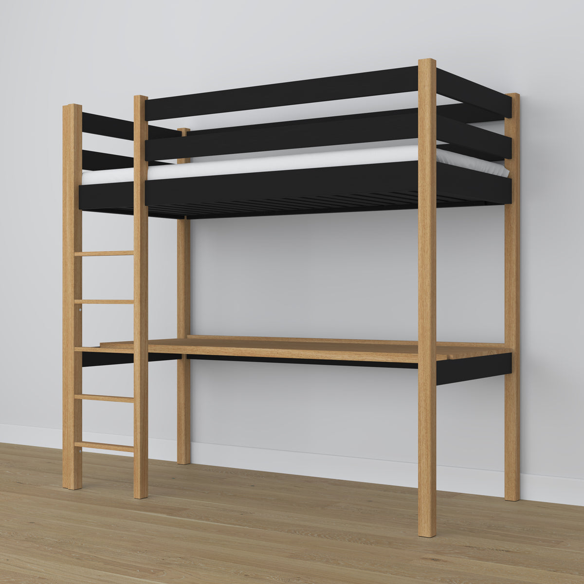 Loft bed black/oak wooden – top view of the sleeping area, Nizio