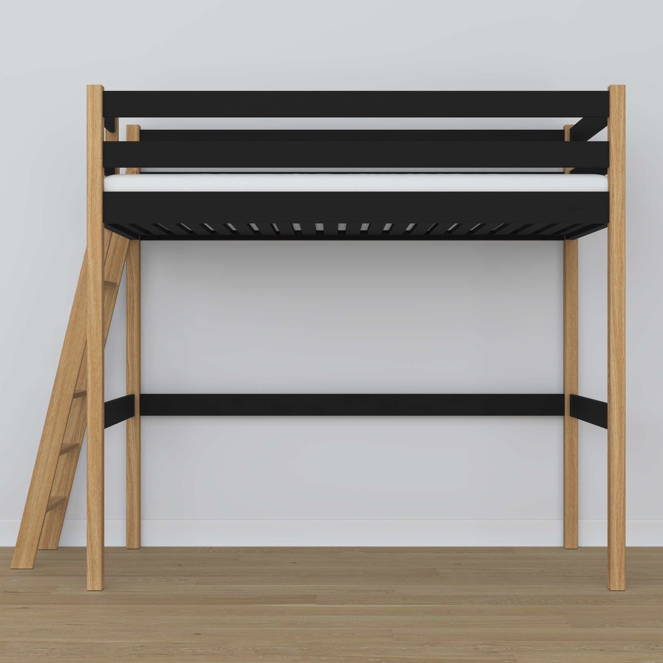 Hochbett aus Holz schwarz-eiche – Rahmen mit Latten, Seitenansicht