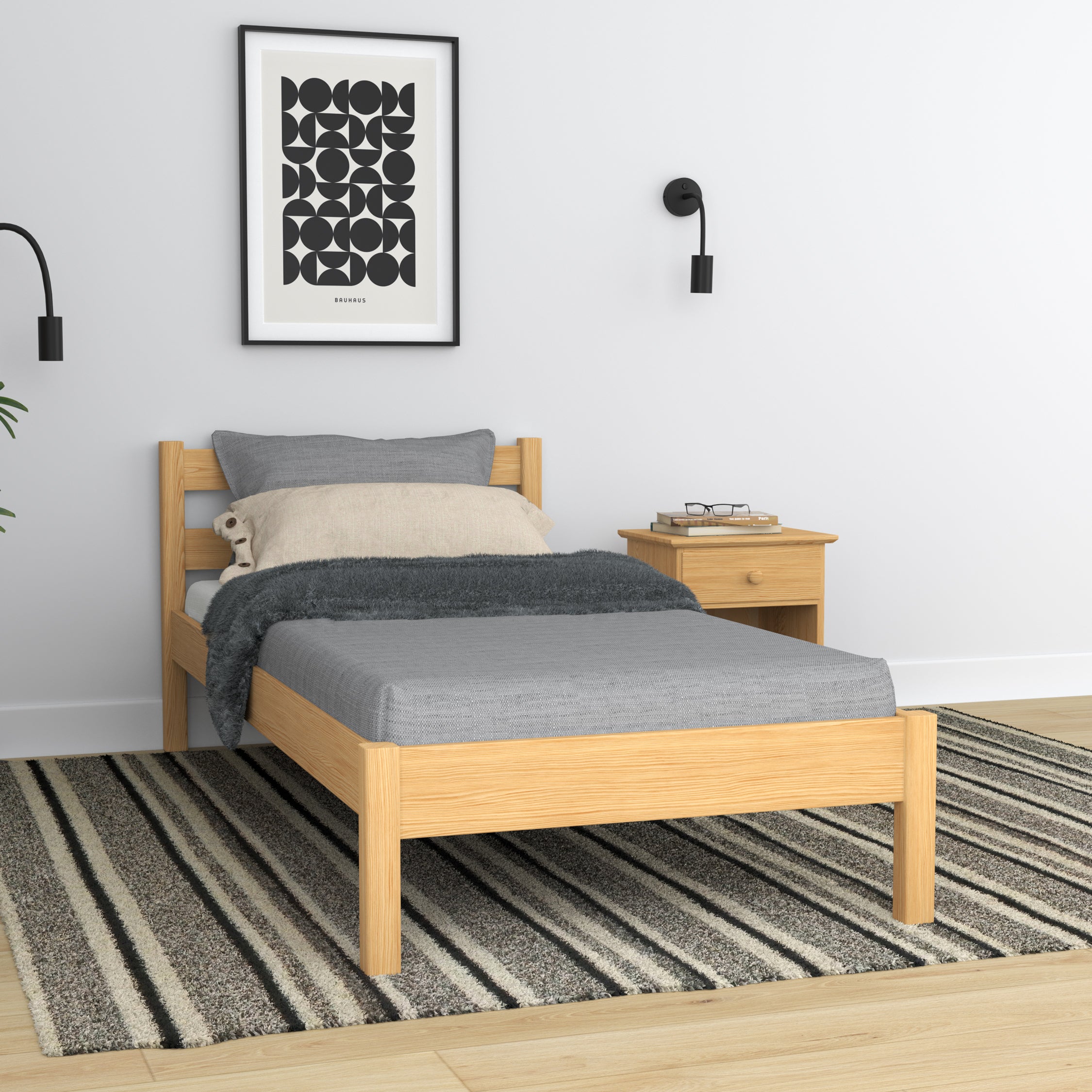 Lit pin naturel – tête de lit en bois, gros plan sur la qualité du bois, Nizio