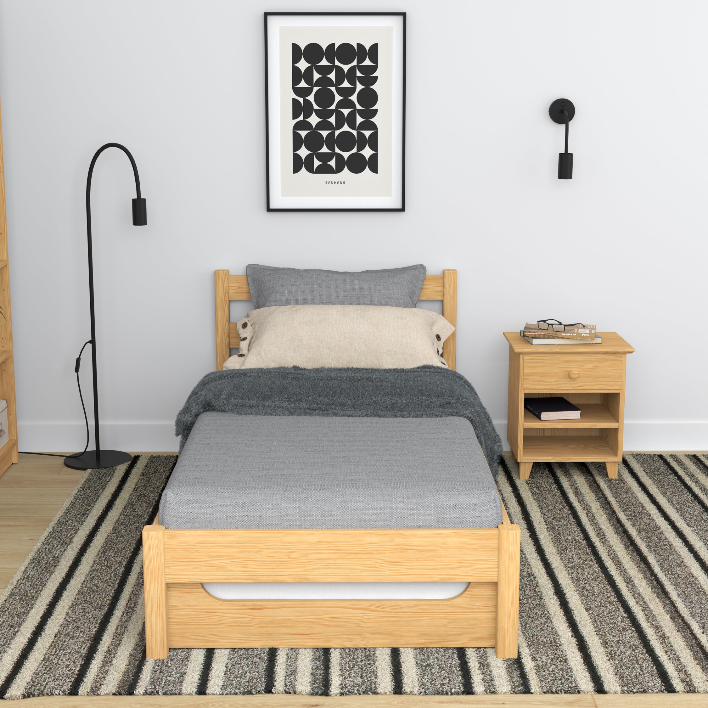 Lit pin naturel z tiroir na matelas – vue de côté, en bois, Nizio Home