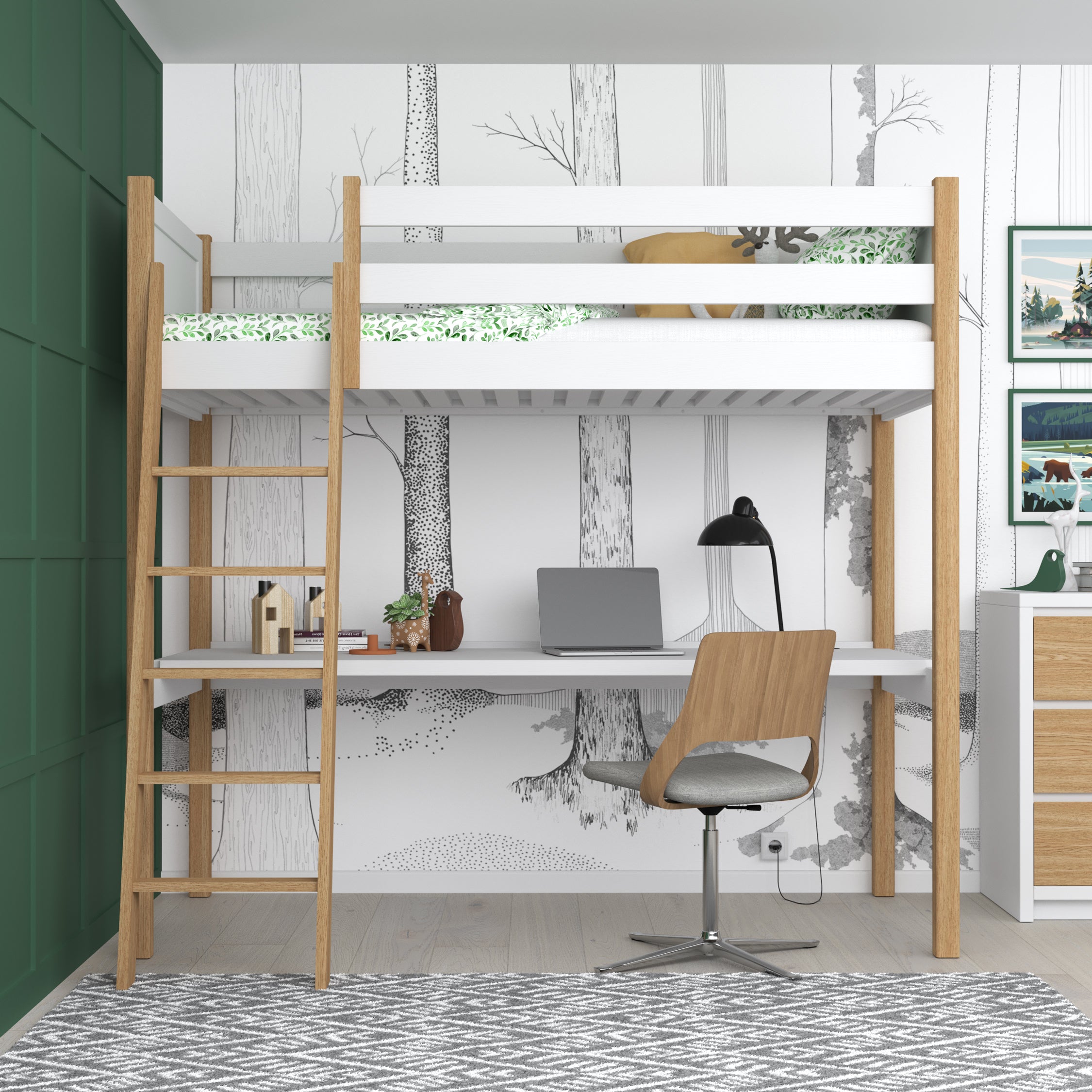Loft bed white/oak with desk – study space under the sleeping area, wooden