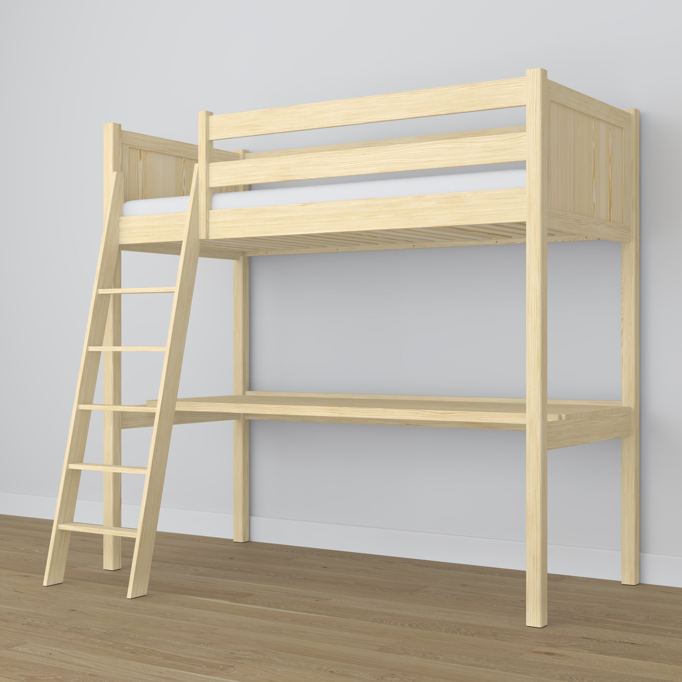 Clear Pine Wooden Loft Bed with Desk – Ladder and Safety Rail
