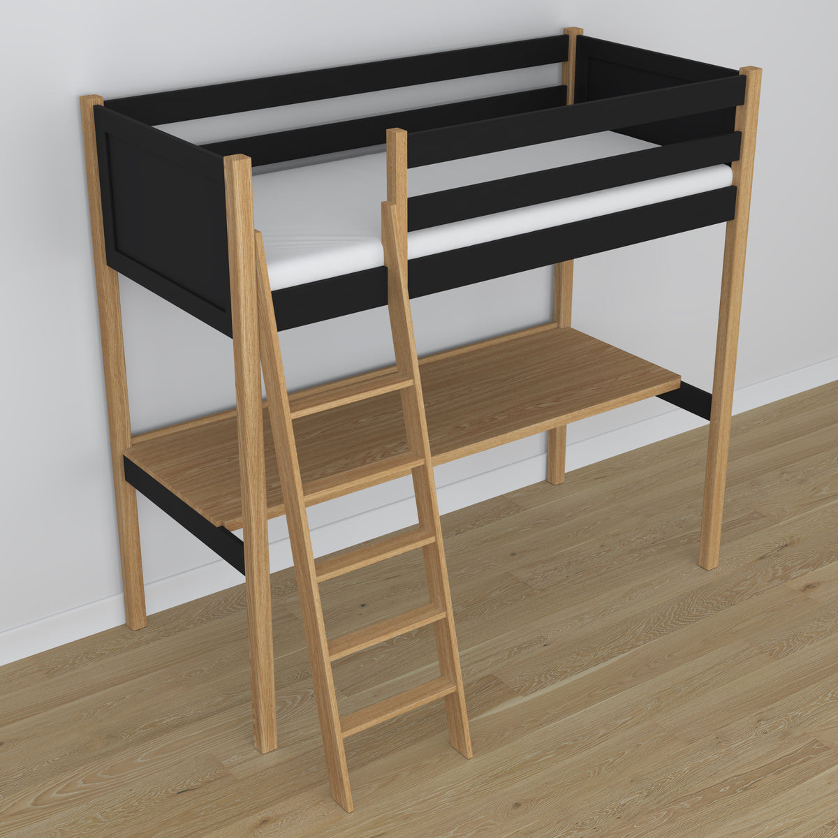 Loft bed black/oak wooden – top view of the sleeping area, Nizio