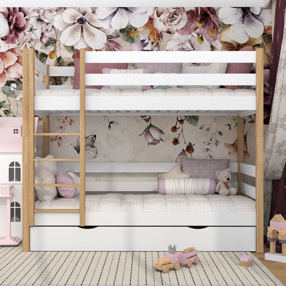 White and Oak Bunk Bed with Drawer – Wooden Safety Rail and Ladder, Nizio
