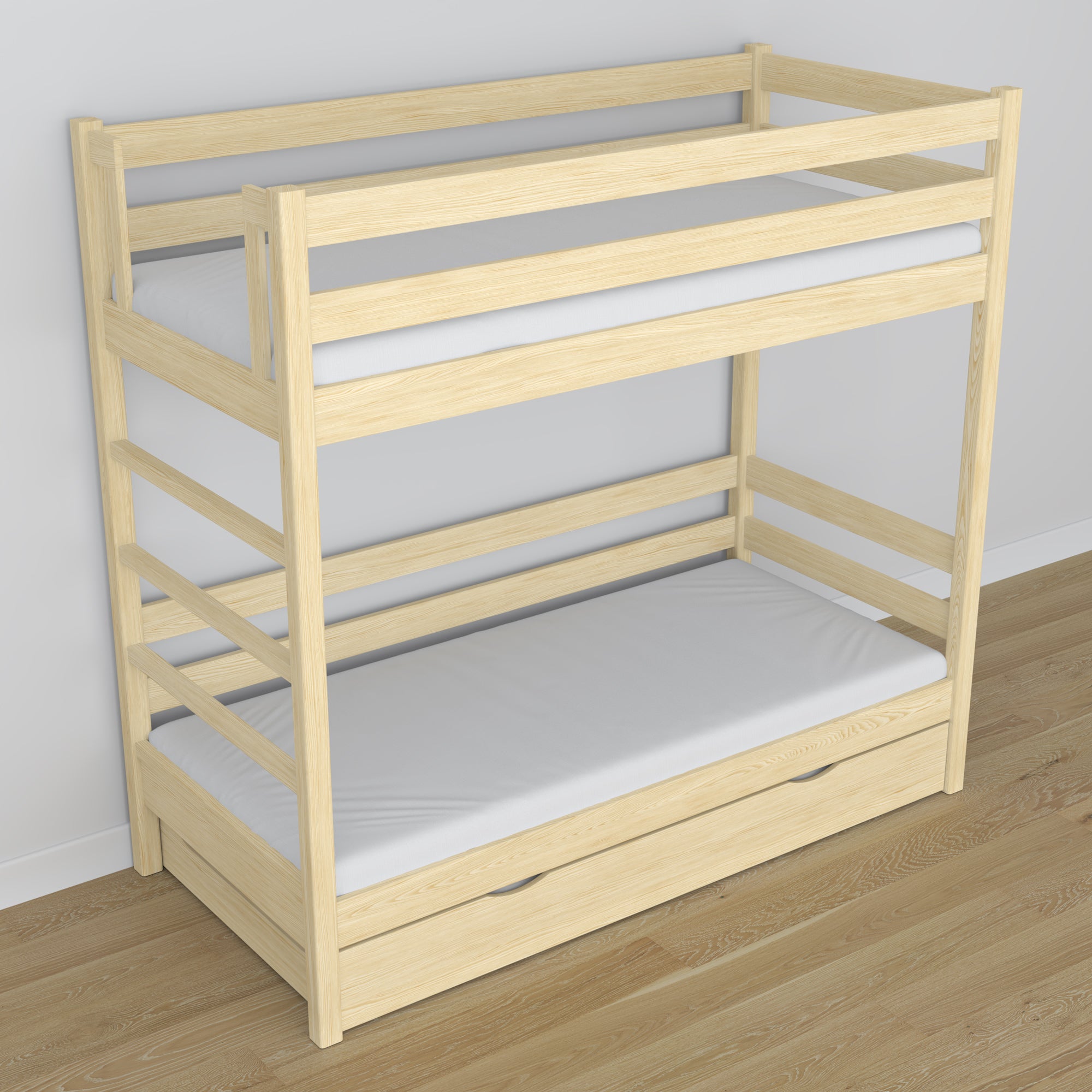 Clear Pine Wooden Bunk Bed – Interior of Mattress Drawer, Children’s Room