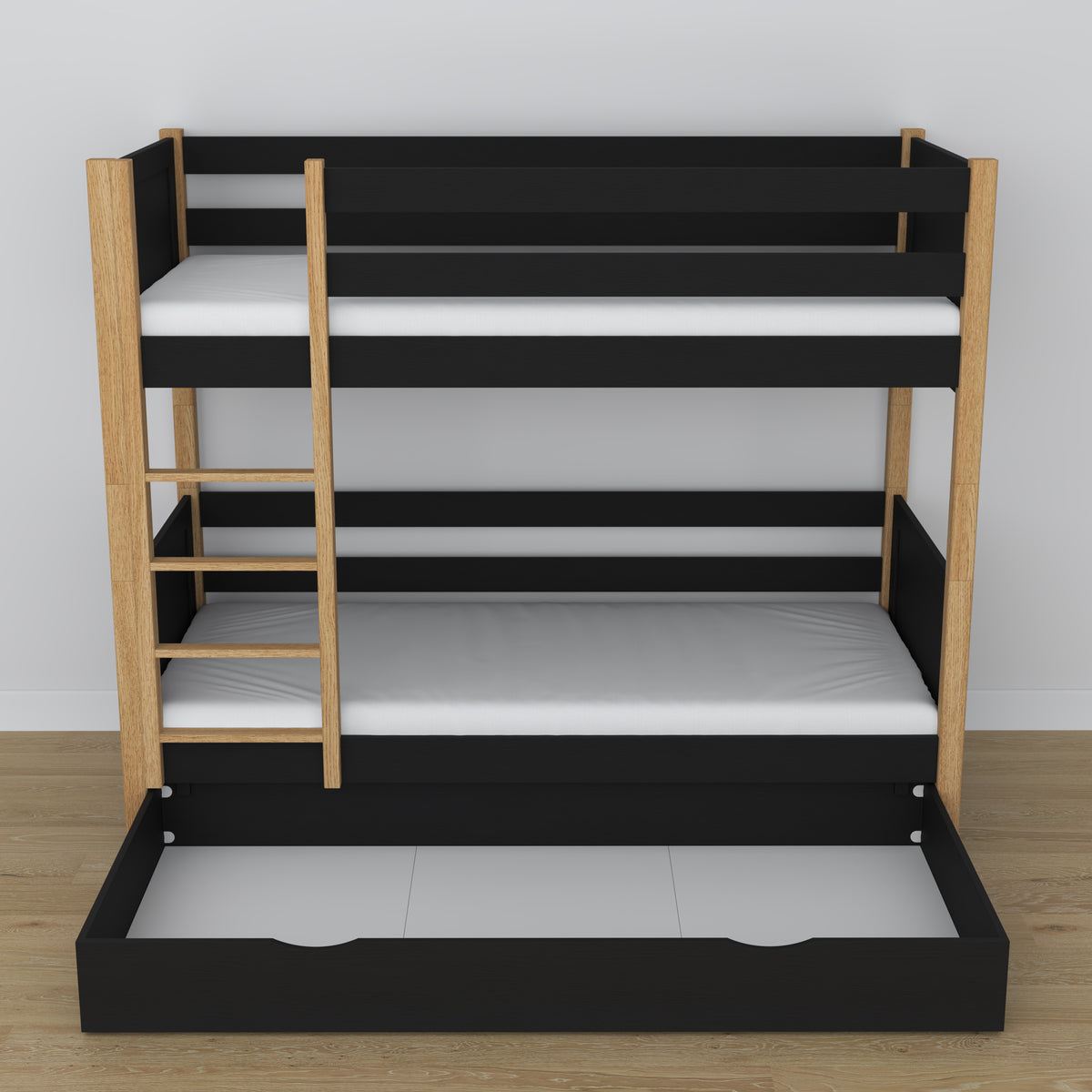 Holz-Etagenbett schwarz-eiche mit Schublade – Maße und Schema, Nizio