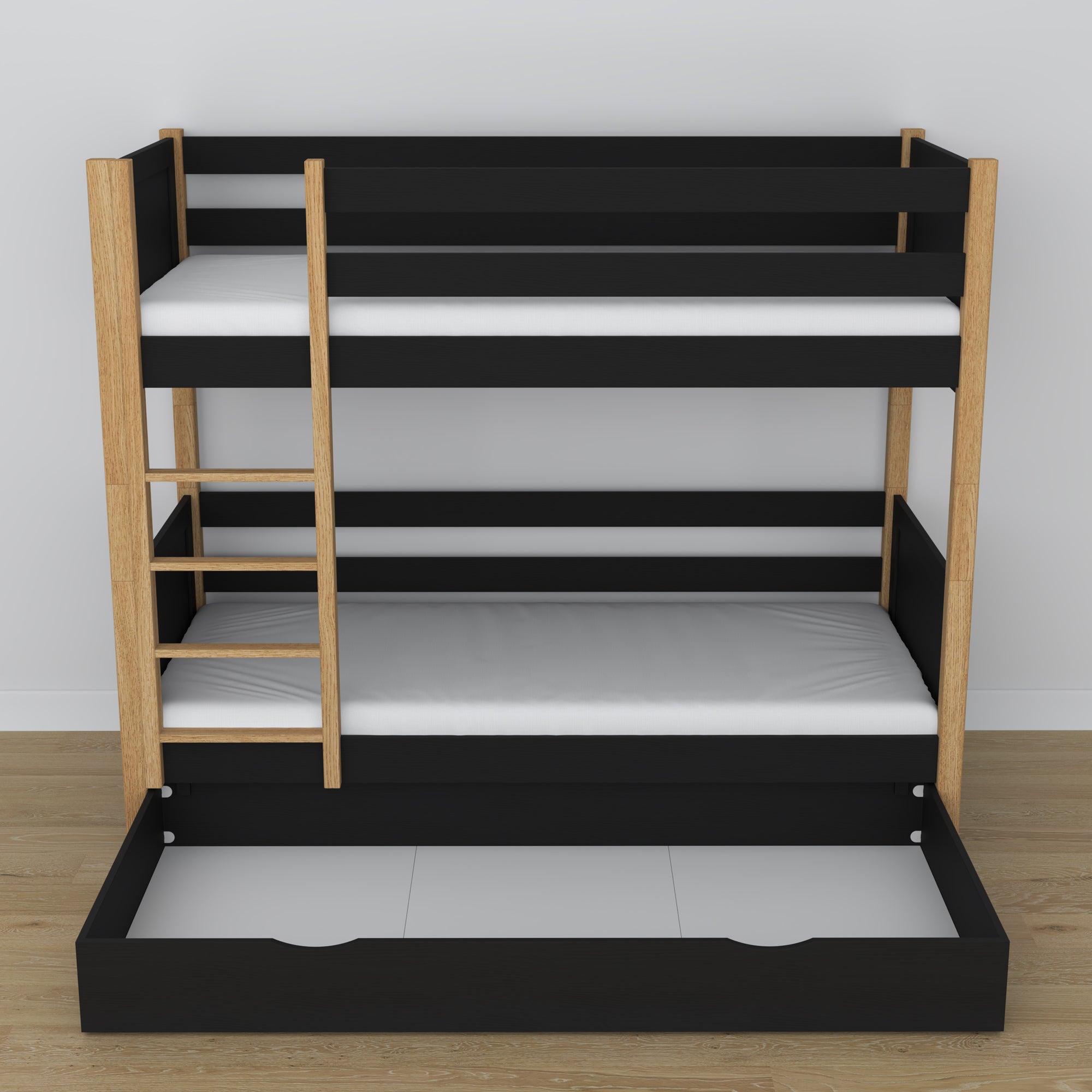 Holz-Etagenbett schwarz-eiche mit Schublade – Maße und Schema, Nizio