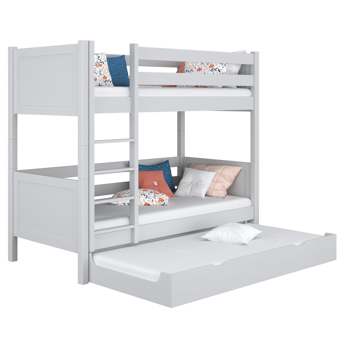 Grey Wooden Bunk Bed – Ladder, Rails, Drawer for Extra Mattress
