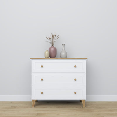 Commode 3S blanc avec chêne en bois – vue de côté, kompaktowa forme