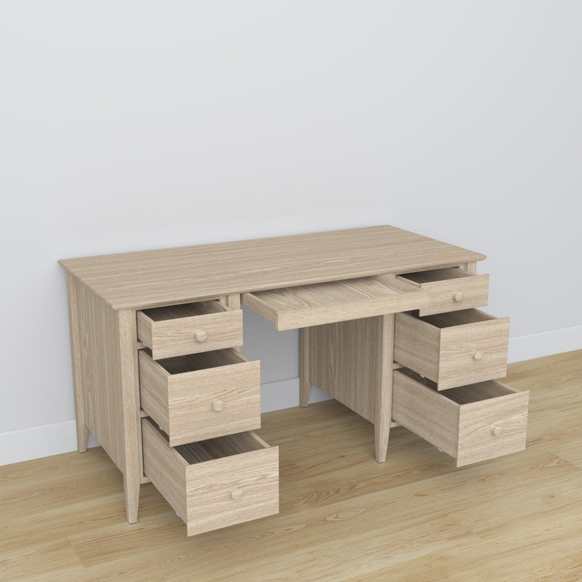 Bureau 6S en chêne chêne blanchi – tiroirs ouverts, rangements pour documents