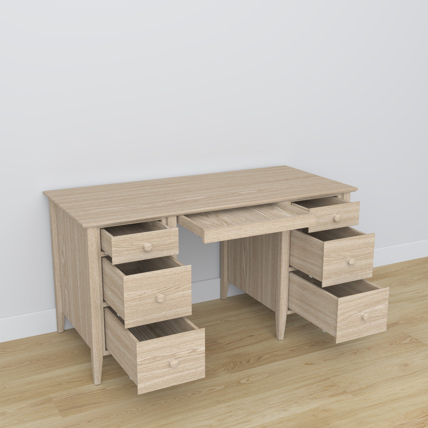Bureau 6S en chêne chêne blanchi – tiroirs ouverts, rangements pour documents