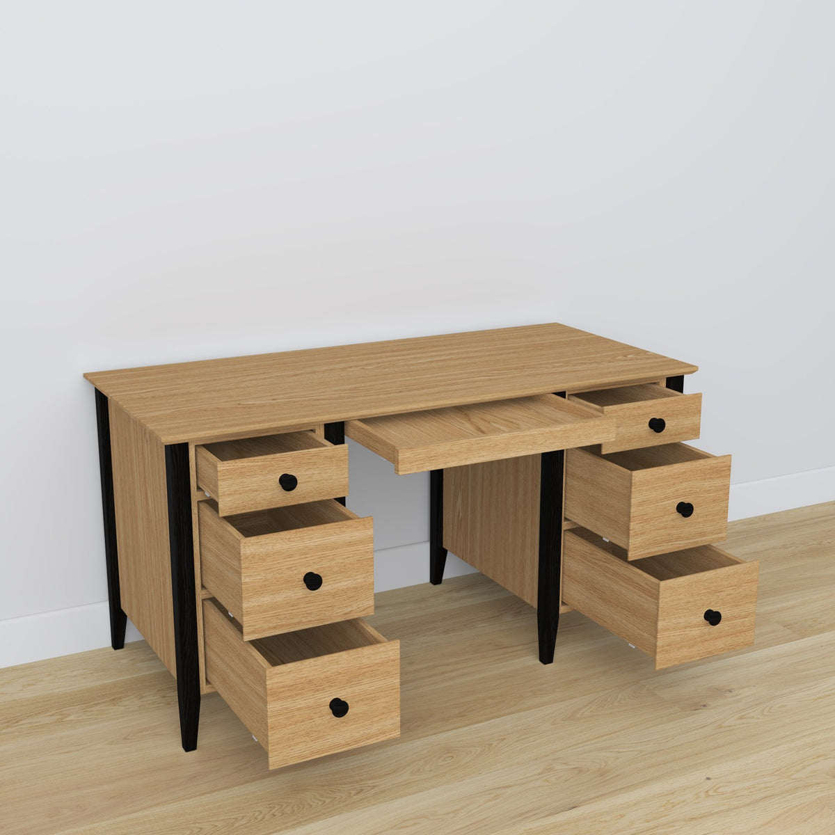 Bureau 6S en chêne chêne naturel avec noir – tiroirs ouverts, rangements pour documents