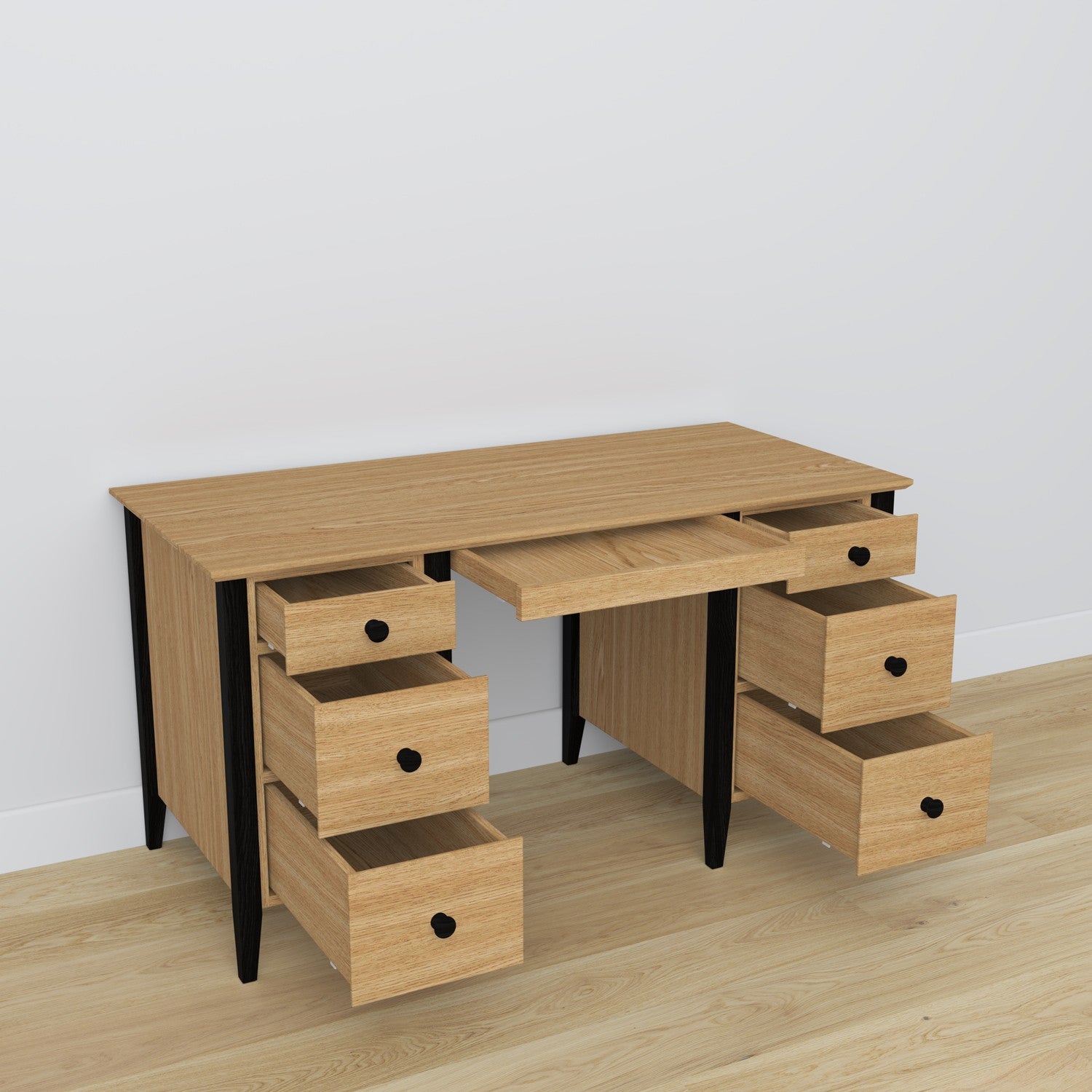 Bureau 6S en chêne chêne naturel avec noir – tiroirs ouverts, rangements pour documents