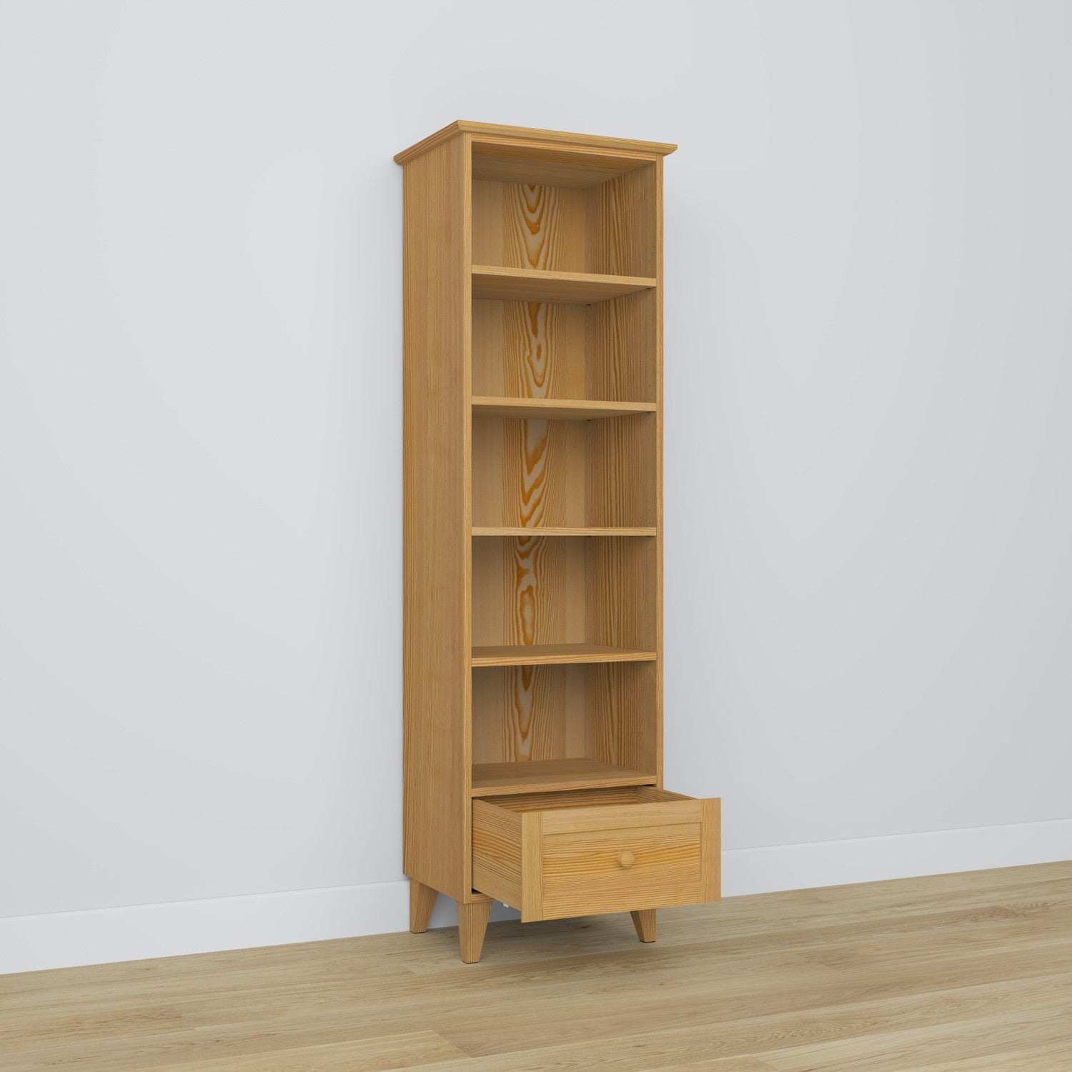 Bookcase 1S 57 natural pine made of pine – side view, depth and profile