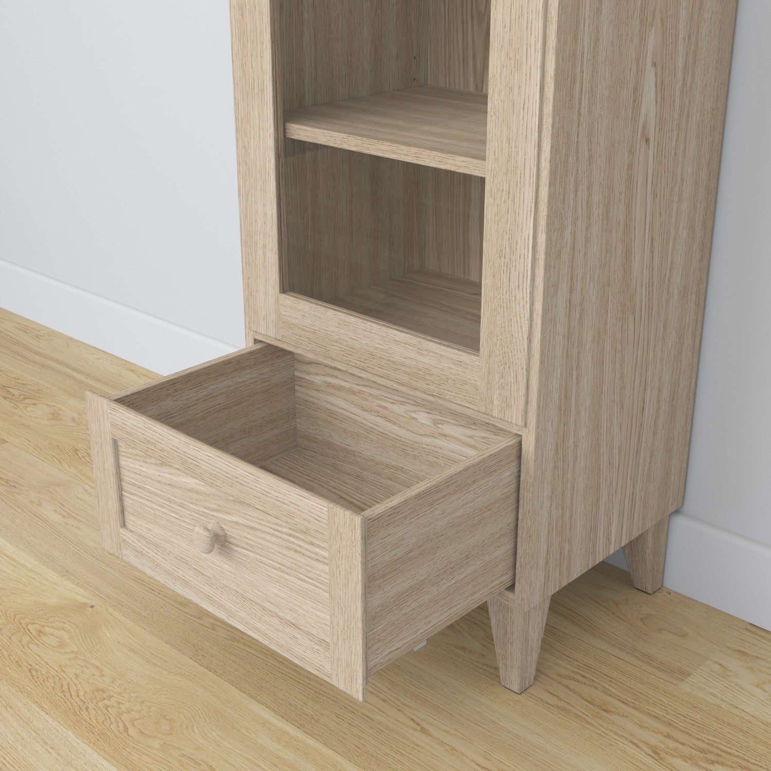 Vitrine 1S 57 chêne blanchi en chêne – vue de côté, profondeur i profil
