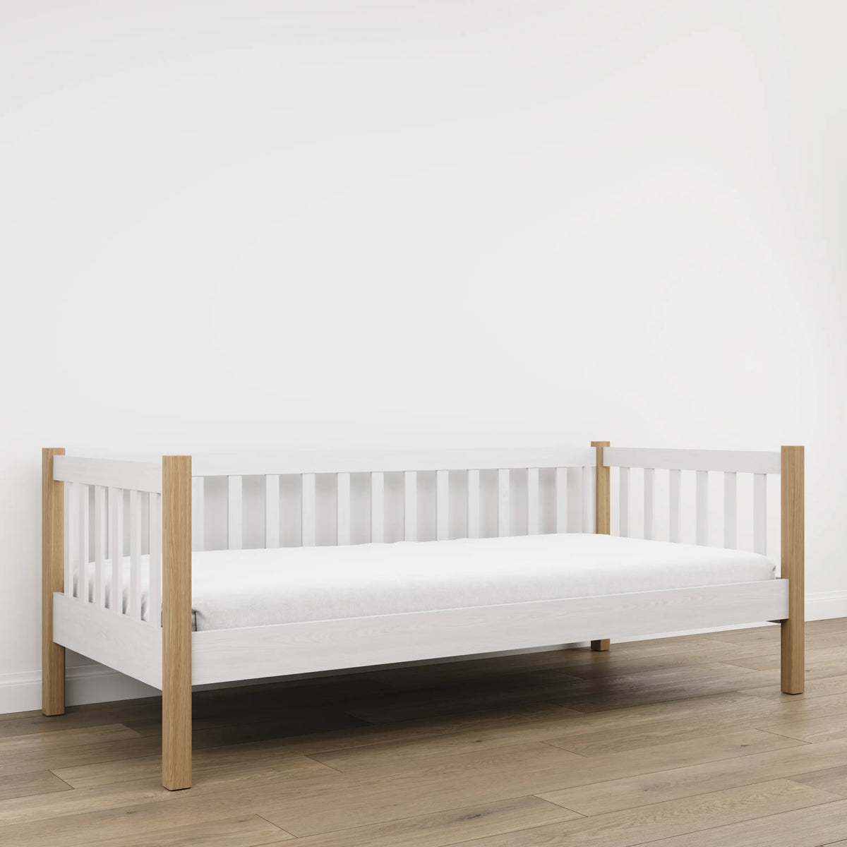 Sofa-Bett weiß mit Eiche – seitliche Schutzbarriere Holz, Sicherheit für Kinder