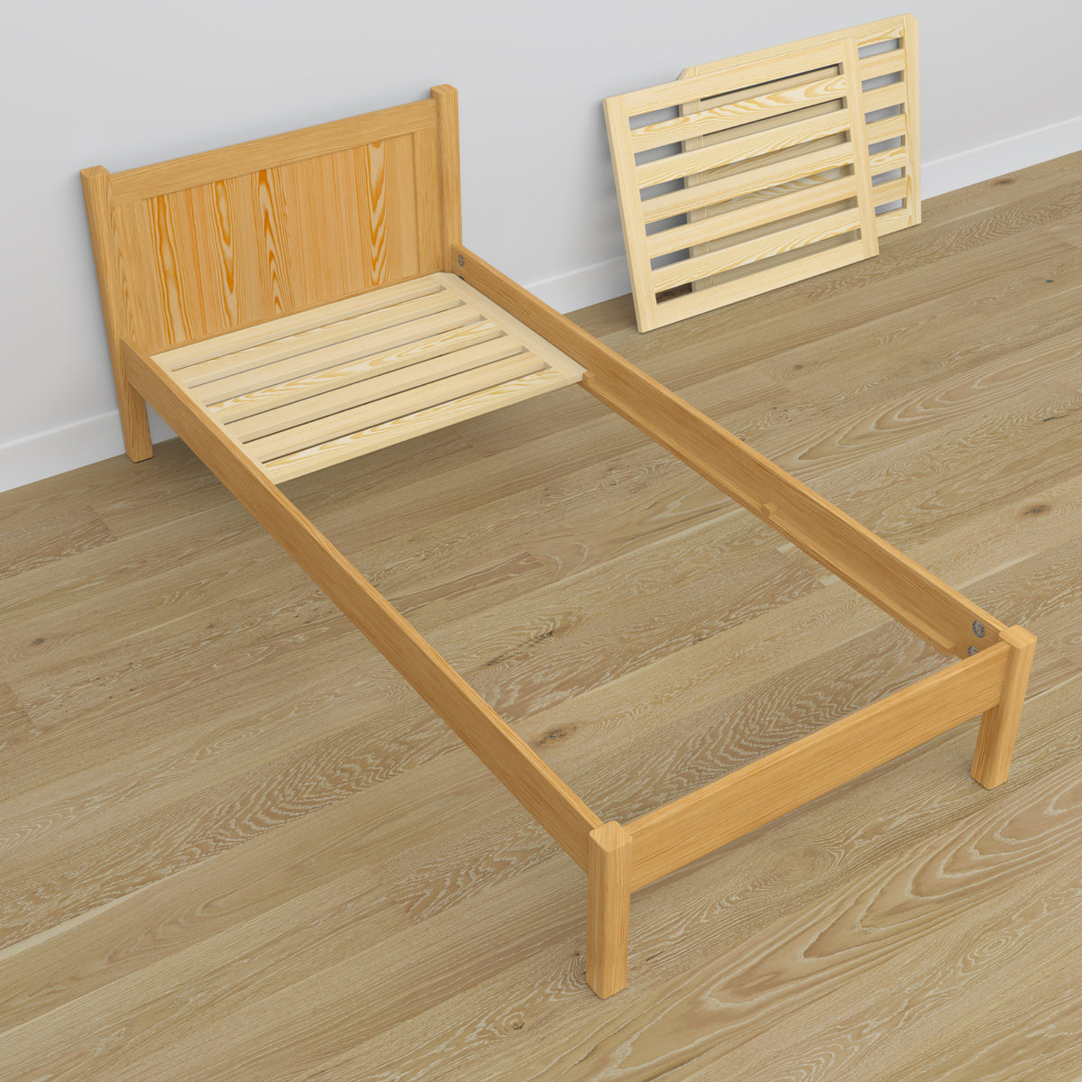 Bed with mattress drawer natural pine made of wood – dimensions, Nizio