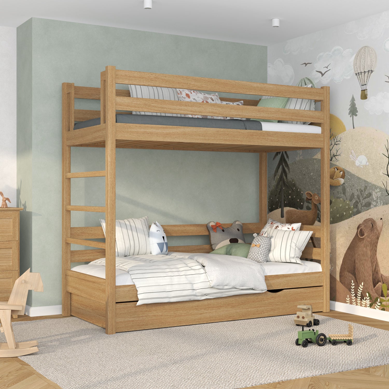 Oak Bunk Bed Natural Oak – Open Drawer, Spacious Storage Under the Bed