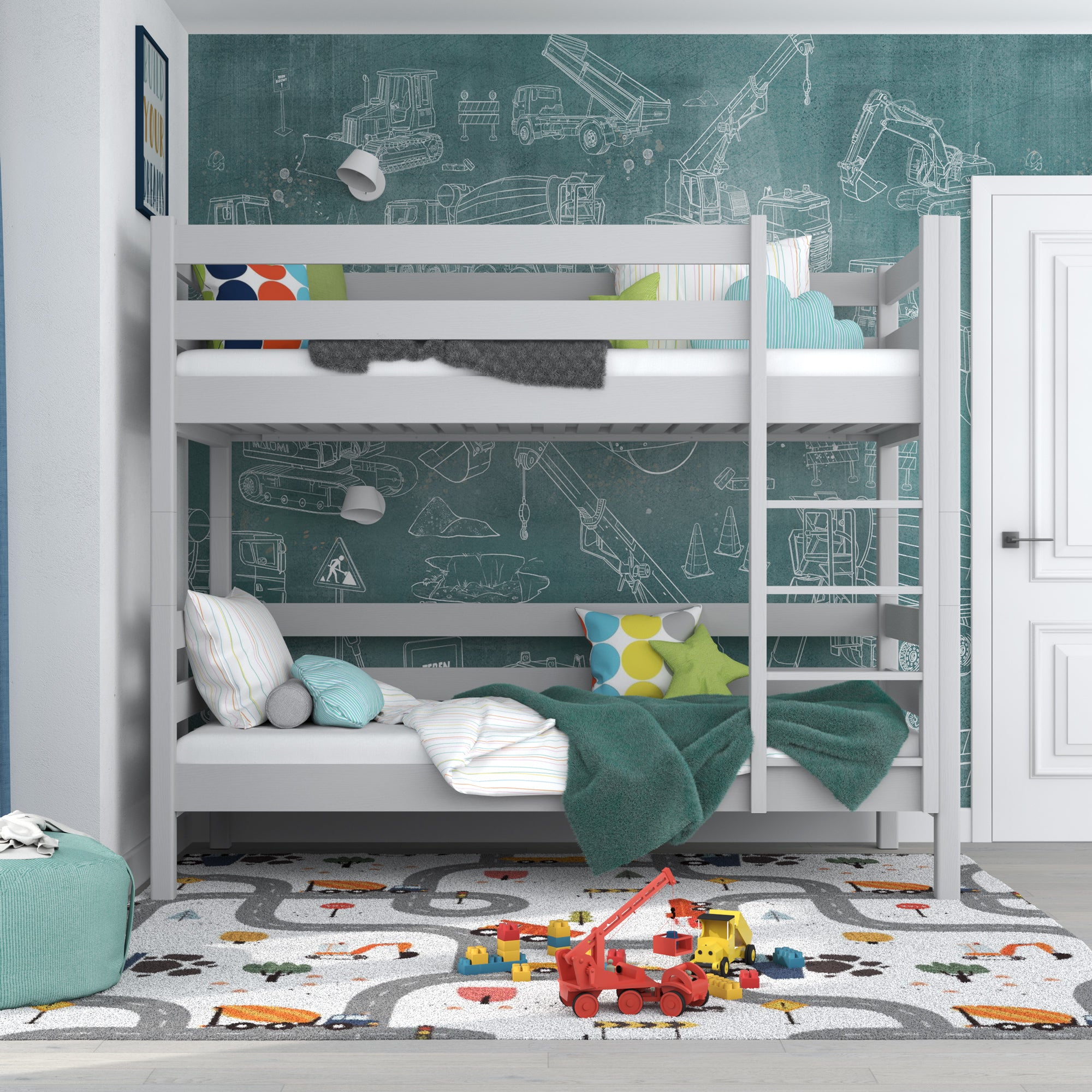 Lit superposé en bois gris – chambre d'enfant, bois massif, style scandinave
